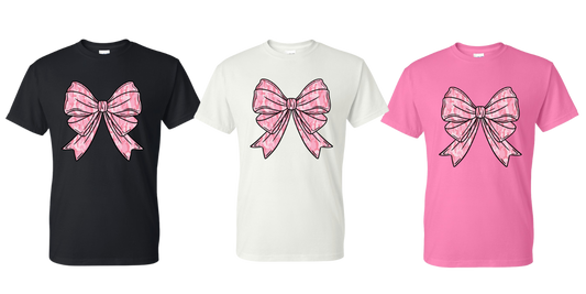 Pink Camo Coquette Bow T-Shirt ~ DryBlend Relaxed Fit Printed In The USA Top Womenswear